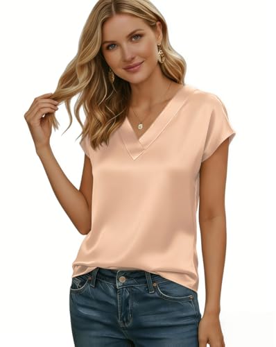 Xiaoliny Chemisier Satin Femme Été Haut Chic et Elegant Casual T-Shirt à Manches Courtes Col V Basiques Tops Couleur Unie Lâche Blouse Soie Chic Chemisiers de Travail Bureau Soirée – vue 4