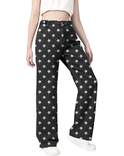SANGTREE Baggy Jeans for Girls Wide Leg Jeans Elastic Waist Denim Pants Kids Clothes C-Star Prints Black 13-14 Years = Tag 1703