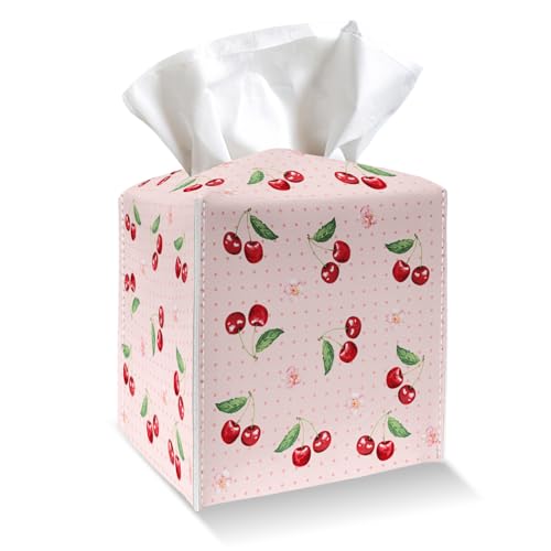 Tissue Box Cover Holder - Pink Polka Dot PU Leather Tissue Box Cover with Bottom Belt, Cherries and Blossom Square Facial Paper Dispenser for Tabletop, Bathroom, Kitchen, Car & Office -037 by ZEDEV - Used condition - US$3.60