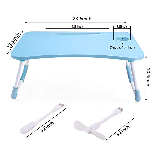 Image of Slendor Foldable Lap Desk with Cup Holder for Bed, Couch, Floor | Portable,with USB Light, Fan, Pen Holder,Tablet Holder,for Laptop,Writing,Eating,Blue