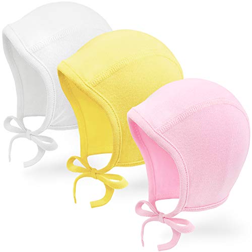 Happy Tree 3 Pack Baby Hat Bonnet Soft 100% Combed Cotton Infant Toddler Beanie Pilot Caps, White + Light Pink +Yellow, L