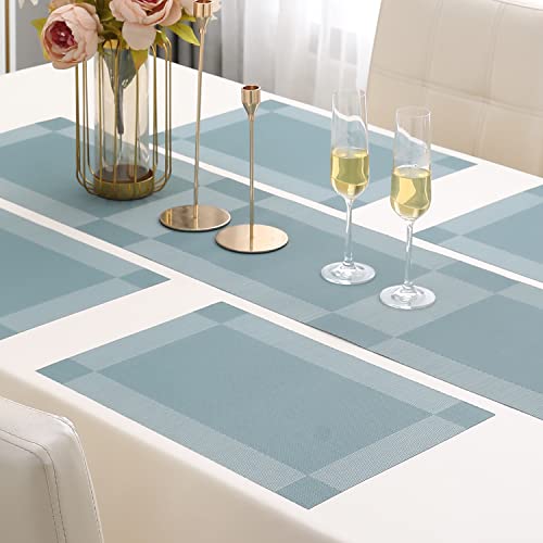 Image of HOKIPO Pvc Placemats With Table Runner For Dining Table 4 Seater (Ar3127), Blue