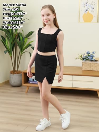 Image of GORLYA Girls Skirt Sets Sleeveless Casual Summer Crop Tank Tops and Bodycon Short Pencil Skirt 2PCS Outfit Clothes 6-14Y