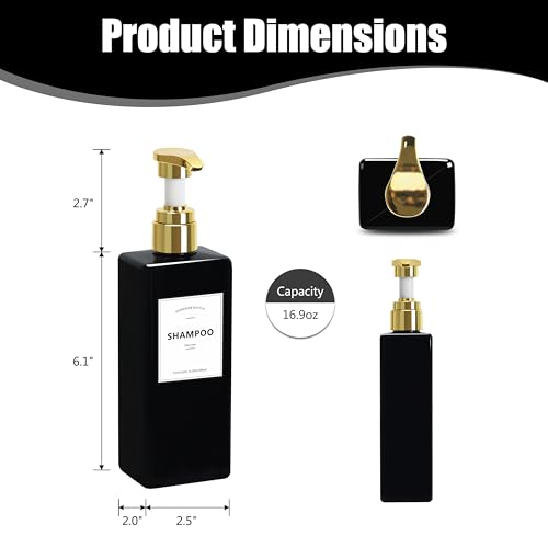 YUEYANG Black Shower Bottles Refillable with Labels, 16.9OZ Pack of 3 Empty Black Shower Dispenser with Gold Pump, Boutique Plastic Bottles for Body Wash, Body Oil2