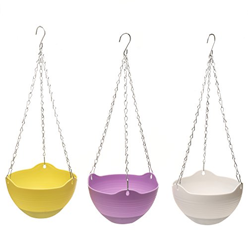 Mygift Colorful Self-Watering Hanging Planter Indoor Pots, Flower Succulent Plant Container With Metal Chain, Set Of 3 (Purple/Yellow/White) #TOP22