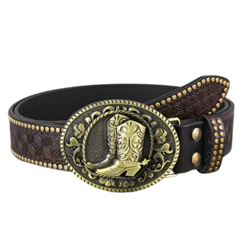 Unisex Western Cowgirl Cowboy Brown Leather Belt - Vintage Flower Embossed Filigree Buckle For Jeans