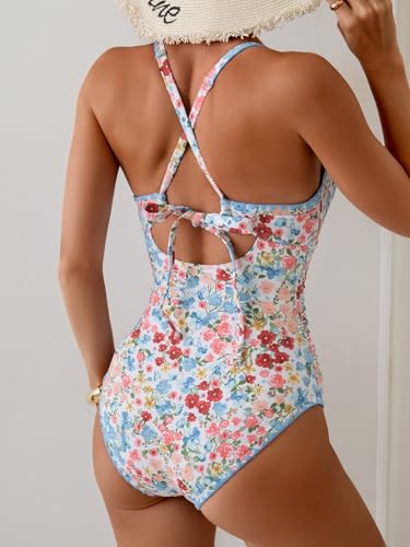 Image of Eomenie Women's One Piece Swimsuit Tummy Control Slimming Bathing Suit Ruched Swimwear Tie Back Shell Stitch Swim Suit