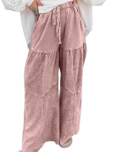 Women's Wide Leg Pants Drawstring High Waist Baggy Patchwork Trousers Casual Straight Sweatpants with Pockets