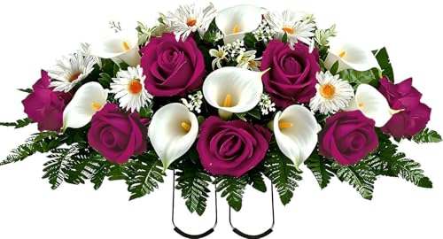 Artificial Roses Calla Lily Daisy Cemetery Flowers Outdoor Grave Decorations - Saddle Arrangement for Headstone,Outdoor Tombstone Memorial Decorations, Easy Fit (ROSEO White) image 2