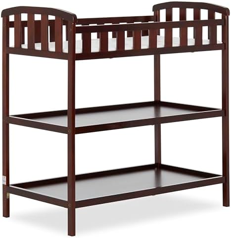 Dream On Me Emily Changing Table, Compact and Portable Solid New Zealand Pinewood, Safety Rails, Two Storage Shelves, Includes Water-Resistant 1" Changing Pad — Espresso