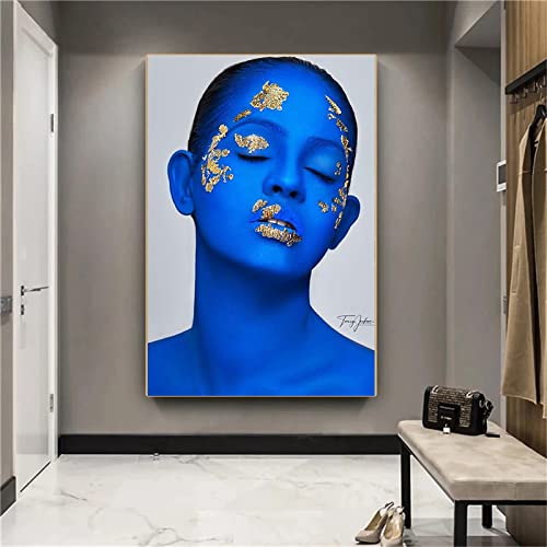 Impression sur toile femme portrait or bleu dsdsgog 40x60 cm pour décoration murale de chambre
