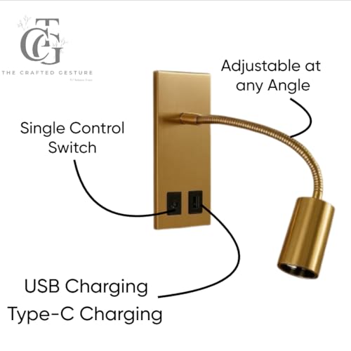 Image of LED Wall Mounted Gooseneck Reading Light with USB Port Adjustable Lamp with 3-Lighting Options for Bedroom & Study|Gold
