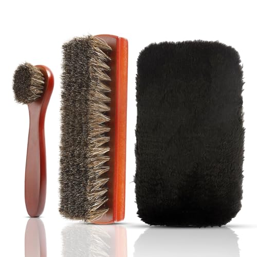 Set de 3 Brosses à Chaussures en CRIN de Cheval - Kit Entretien & Nettoyage pour Cuir, Chaussures, Bottes avec Brosse Carrée, Brosse à Long Manche et Gant...