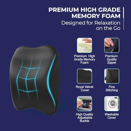 Image of WELLGIVER Orthopedic Memory Foam Car Neck Rest Pillow - Cervical Support Cushion for Neck Pain Relief, Adjustable Strap - Universal Fit for All Cars | Black Velvet | Pack of 2