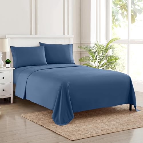 Image of King Size Sheets - Breathable Luxury Bed Sheets with Full Elastic & Secure Corner Straps Built In - 1800 Supreme Collection Extra Soft Deep Pocket Bedding, Sheet Set, EXTRA DEEP pocket - King, Denim