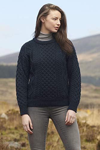 Aran Crafts Irish Soft Cable Knitted Wool Crew Neck Unisex Sweater (C1347-Sm-Bla) #TOP1