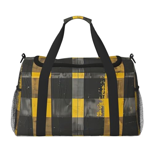 Yellow Gray Black Plaid Print Foldable Carry On Tote Large Capacity Hand Carry Bag for Airplane Weekend Getaways