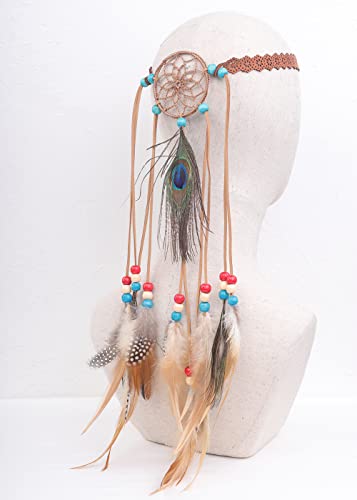 Jumwrit Boho Feather Headband Indian Hippie Gypsy Headpiece Peacock Feather Tassel Headdress Flower Elastic Band Beaded Hairband Accessories For Women And Girls（Brown） #TOP1