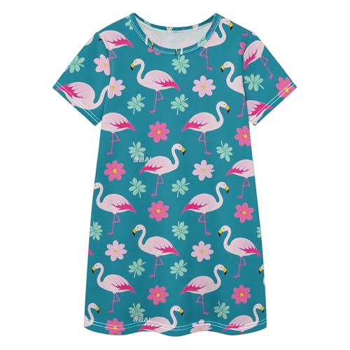 Vestido de tela natural con estampado de flamenco y acabados delicados para niñas