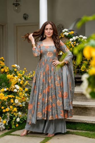 Image of ANNI Designer Kurta Set for Women Viscose Blend Printed | Kurti Set for Woman | Umbrella Kurta Palazzo Dupatta 3 Piece Outfit | Square Neck 3 /4 Sleeve Regular Fit Ethnic Dress Stylish Clothing