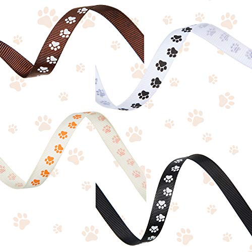 4 Rolls Grosgrain Paw Print Ribbon Craft Wired Paw Ribbons For Dog Paw Print Party Ornaments Wrapping Diy Decoration, Home Ornament, 3/8 Inch X 25 Yards #TOP2