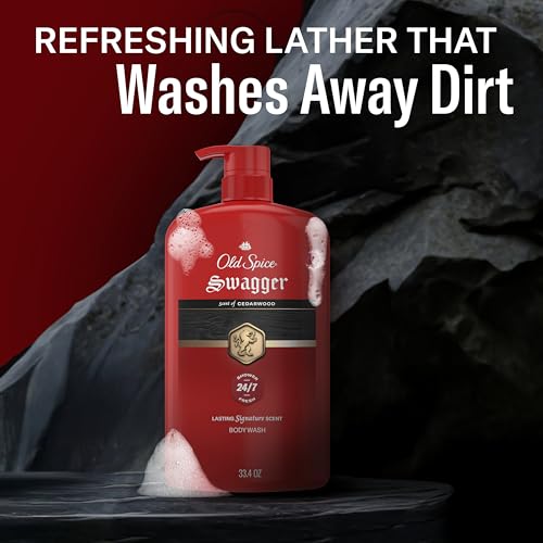 Image of Old Spice Body Wash for Men, 24 /7 Shower Fresh with Long Lasting Scent, Refreshing 3X Defense, Red Collection, Swagger with Cedarwood Scent, 33.4 oz (Pack of 4)