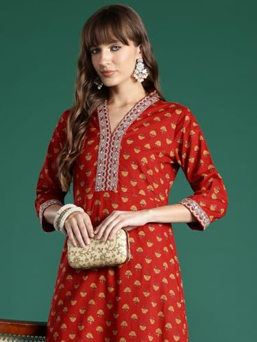 Image of INDO ERA Women's Cotton Regular Fit A-Line Ethnic Motifs Embroide Kurta (KT0RD10052)