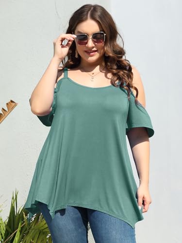 Image of LARACE Cold Shoulder Tops for Womens Summer Clothes Spaghetti Strape Tunic Oversized Shirts Asymmetrical Plus Size Blouse