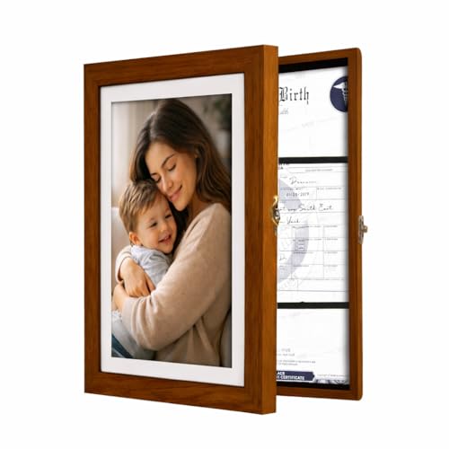 Image of Wooden Document Photo Frame with Storage, Certificate Holder Frame for Wall Mount & Tabletop | Memory Frame for Birth Certificate, Awards & Photos | Premium Finish ( Brown, Size 9.2X12.6 Inch )