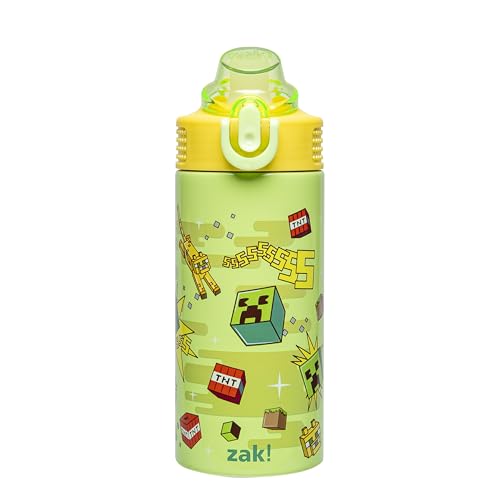 Image of Zak Designs Minecraft Sage Kids Water Bottle For School or Travel, 14oz Stainless Steel Water Bottle With Straw, Handle, and Leak-Proof, Pop-Up Spout Cover (Creeper)
