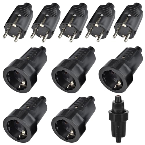 5 Paires de Kit Fiche Mâle + Prise Femelle: 250V 16A IP44 Prise Etanche, 2-pôles Fiche Schuko Et Raccord En Caoutchouc sans Câble Pour l'Extérieur (noir)