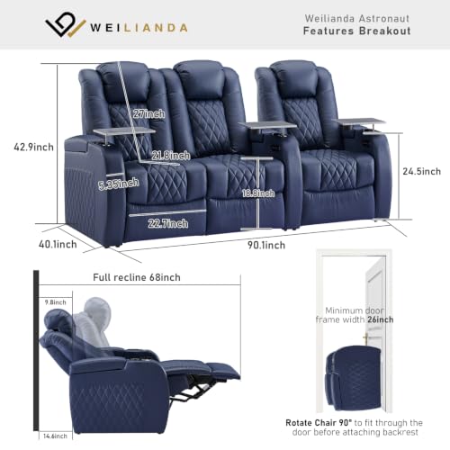 Image of Weilianda Home Theater Seating, Top Grain Leather Movie Theater Chair | Blue Row of 3 Loveseat Left, Zero Gravity, Power Headrest, Tray Table, Electric Reclining Seat for Media Room