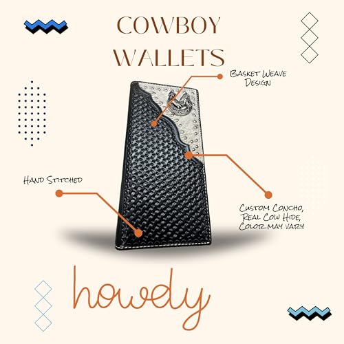 Men’s Long Leather Wallet – Basketweave Tooled with Cowhide Inlay and Horseshoe Rooster Concho – Western Rodeo Bifold Checkbook Wallet for Ranchers & Cowboys4