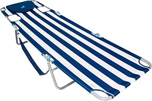 Ostrich 1 Navy Blue/White Stripe Chaise Lounge + 1 White Towel | Patio Chaise Lounge & Custom Fitted Chaise Towel | Lightweight & Portable | Beach/Pool Chaise Lounge With 5 Position Folding #TOP3