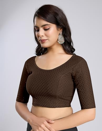 Image of TRENDMALLS Women's Dobby Pure Cotton Elastin Stretchable Readymade Round Neck Elbow Length Sleeves Blouse Choli Stylish Saree Blouse Ready to Wear