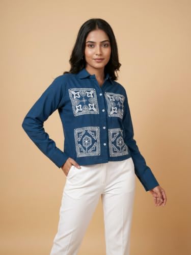 Image of Stylish Women's Embroidered Shirts | Geometric Pattern Half Sleeve Collared Button-Up Casual Shirt for Women