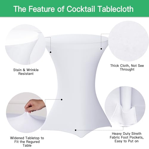 Image of Fixwal 8 Pack Spandex Cocktail Table Covers, 32x43 Inch White Fitted Stretch Highboy Round Cover Table Cloth for Party, Bar, Pub, Wedding, Banquet