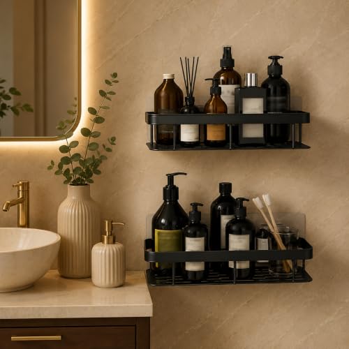 Image of OSLEN Pack of 2 Self Adhesive Bathroom Shelf, Metal Wall Mounted Shower Storage Rack, No Drill Bathroom Shelf Organizer, Rust Proof Storage Rack for Bathroom & Kitchen, Strong Adhesive, Black