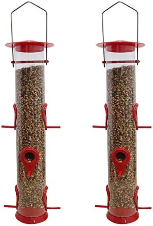 Urban Deco Bird Feeders Hanging Plastic Tube Bird Seed Feeder With 6 Ports Niger Seed Bird Feeder With Steel Hanger Weatherproof Fat Ball Bird Feeder Bird Feeder For Small Birds - Red - 2 Pack