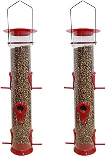 Urban Deco Bird Feeders Hanging Plastic Tube Bird Seed Feeder With 6 Ports Niger Seed Bird Feeder With Steel Hanger Weatherproof Fat Ball Bird Feeder Bird Feeder For Small Birds - Red - 2 Pack