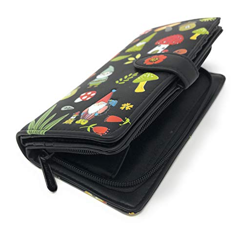 Shag Wear Gnome Forest Large Wallet for Women and Teen Girls Multiple Gnomes Mushrooms Plants Vegan Faux Leather Black 7"3