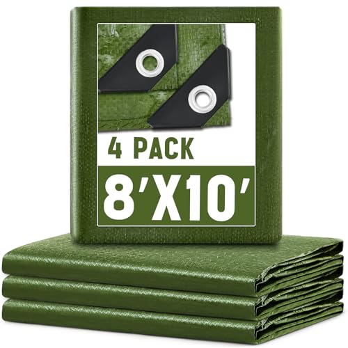 GliCraft 4 Pack 8 x 10 ft 5.5 Mil Large Tarps Heavy Duty Waterproof Tarp Multi Purpose Tent Cover for Home Boats Cars Camping Patio Furniture Roof Emergency Rain Protective Cover, Army Green by GliCraft - Used condition - US$35.23