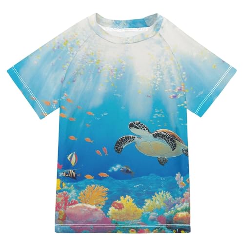 Cartoon Sea Turtle Corals Bathing Suit Kids Sun Protection Kids Rash Guard Swimsuit Girls Swimwears Athletic Shirt for Big Boy 4T