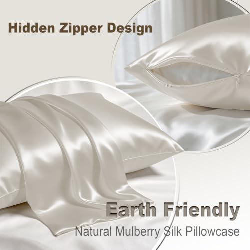 Image of LYSHIN Beige Silk Pillow Cases 2 Pack Standard Size with Zipper | 19 Momme Mulberry Silk Pillowcase for Skin and Hair, Anti-Acne, Hypoallergenic, Cooling, Beauty Sleep, Gifts for Women