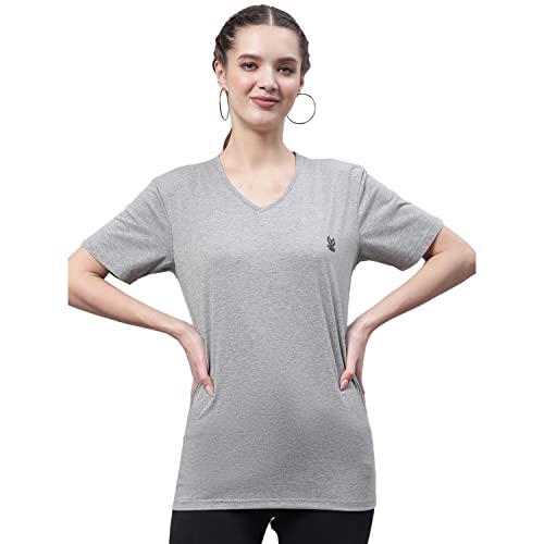 Image of Mack Jonney Women V Neck Cotton Solid Regular Fit T-Shirt-V Anthraa 001-P