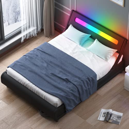 Zafly Modern Led Queen Beds,Platform Led Bed Frame Queen Size,Upholstered Durable Sleigh Low Profile Platform Queen Size Bed With Pvc Headboard,Wooden Slats Support/No Box Spring Needed,Black #TOP5