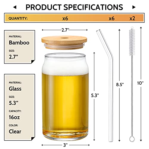 [ 6Pcs Set ] Glass Cups With Bamboo Lids And Glass Straw - Beer Can Shaped Drinking Glasses, 16 Oz Iced Coffee Glasses, Cute Tumbler Cup For Smoothie, Boba Tea, Whiskey, Water - 2 Cleaning Brushes #TOP1