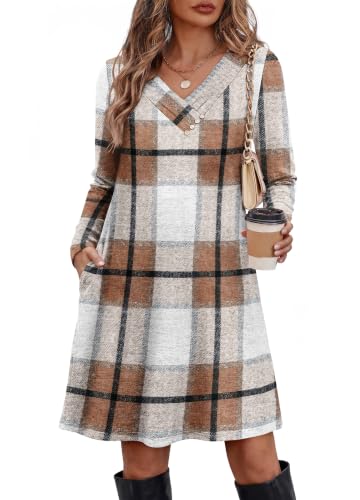 OFEEFAN Long Sleeve Dress Tunic Button V Neck Dress Fall Outfits for Women