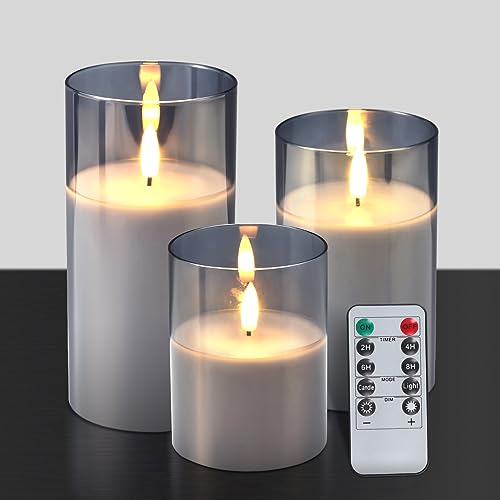 Silver Grey Glass Flameless Flickering Candles, Flameless Candles with Remote, Realistic Warm Light LED Candles Set of 3, Battery Operated LED Flameless Candles for Party Wedding Festival Decoration