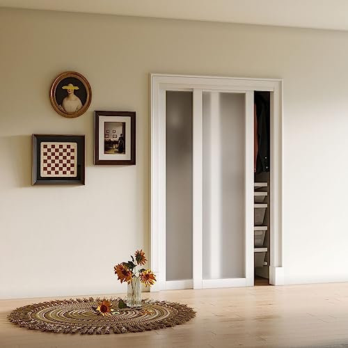 WIN STELLAR Sliding Closet Doors 48\" x 80\" (Double 25\" x 80\") Tempered Frosted Glass Door with Hardware Kit, Pre-Assembled Panels with Water-Resistance Surface & No Damage to Floor Easy Installation - Thumbnail 3